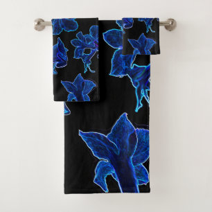 Stylised Neon Blue Flowers Floral Bath Towel Set