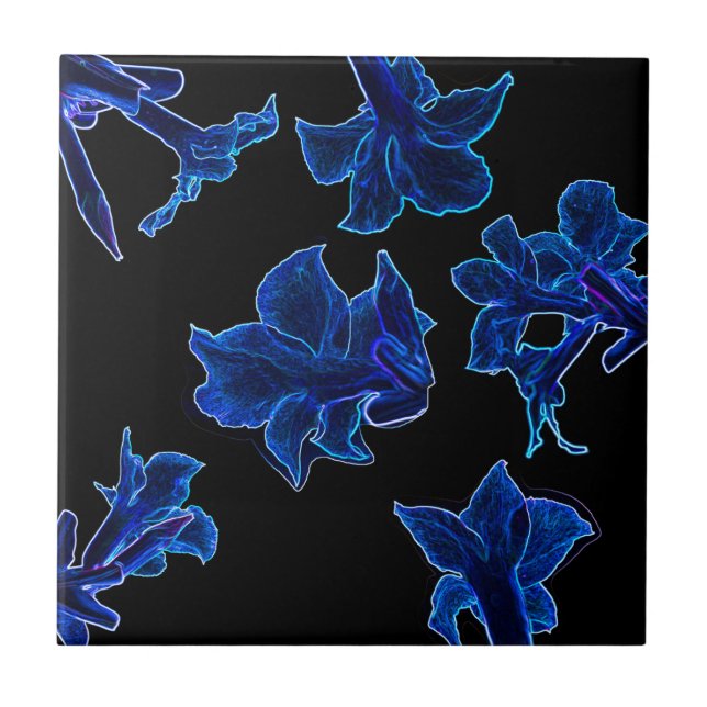 Stylised Neon Blue Flowers Floral Ceramic Tile (Front)