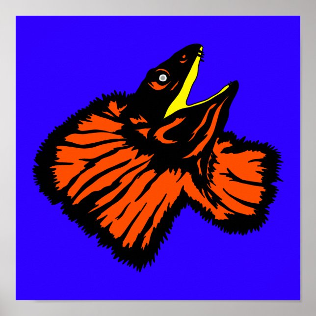 Stylised Neon Orange Frilled-neck Lizard Poster (Front)