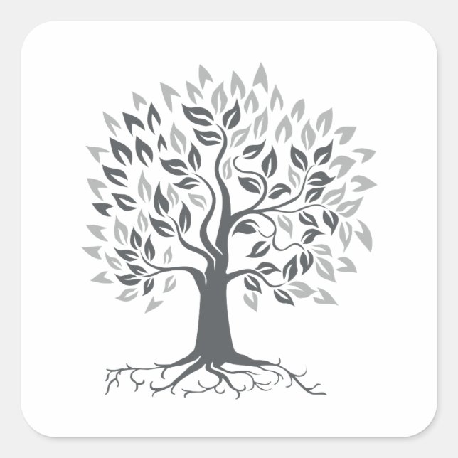 Stylised Oak Tree with Roots Retro Square Sticker (Front)