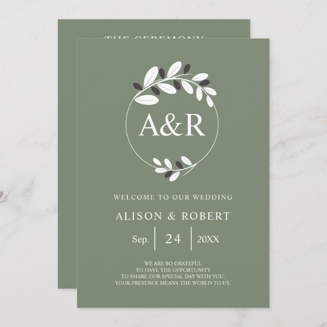 Stylised olive branch Mediterranean green wedding Program (Front/Back)