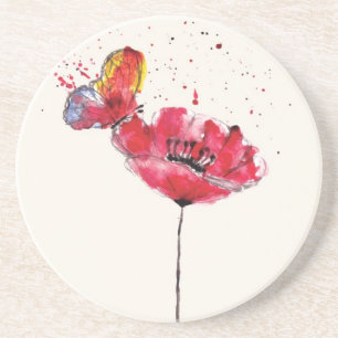 Stylised painted watercolor poppy flower coaster