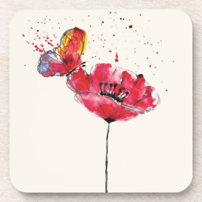 Stylised painted watercolor poppy flower coaster (Front)