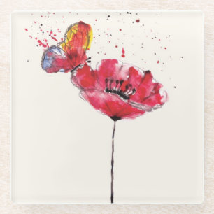 Stylised painted watercolor poppy flower glass coaster