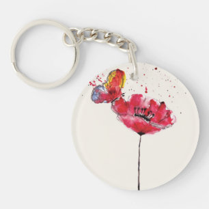 Stylised painted watercolor poppy flower key ring