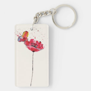 Stylised painted watercolor poppy flower key ring