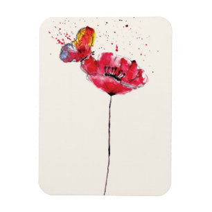 Stylised painted watercolor poppy flower magnet