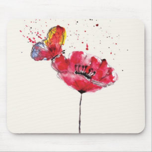 Stylised painted watercolor poppy flower mouse pad