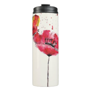 Stylised painted watercolor poppy flower thermal tumbler