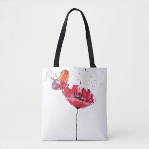 Stylised painted watercolor poppy flower tote bag