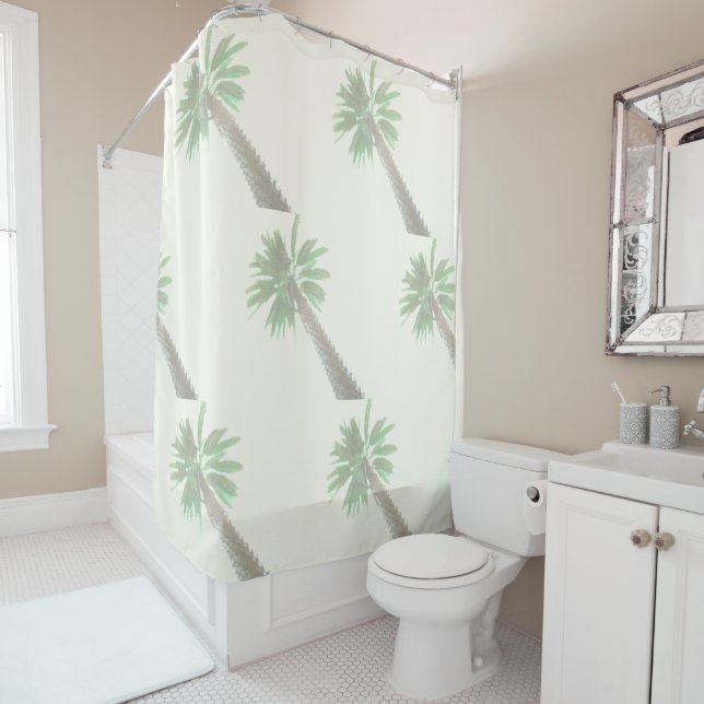 Stylised Palm Tree Pastel Green Tropical Shower Curtain (In Situ)