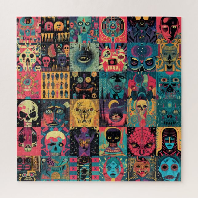 Stylised Patchwork of Skulls & Heads Jigsaw Puzzle (Vertical)