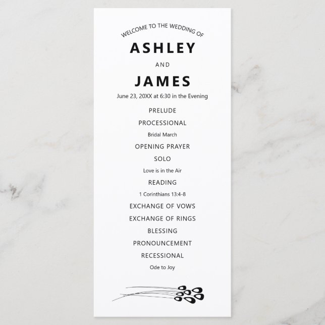 Stylised Peacock Feather Modern Wedding Program (Front)
