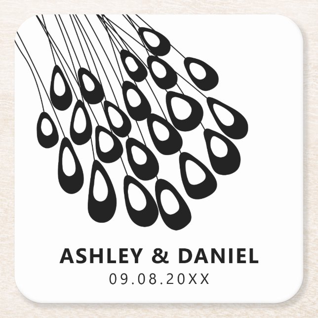 Stylised Peacock Feather Modern Wedding Square Paper Coaster (Front)