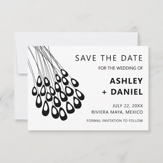 Stylised Peacock Feather Wedding Save the Date (Front)
