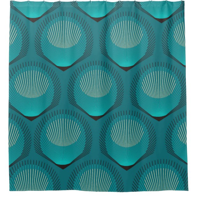 Stylised Peacock Feathers Blue Tile Shower Curtain (Front)