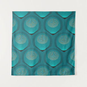 Stylised Peacock Feathers Blue Tile Tapestry