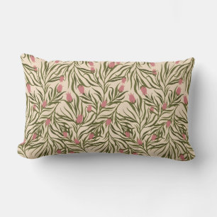Stylised pink bell-shaped floral pattern lumbar cushion