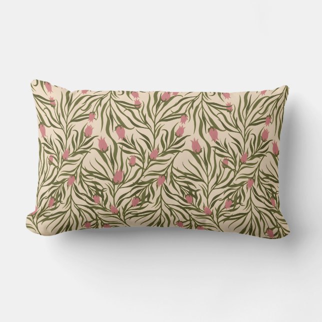 Stylised pink bell-shaped floral pattern lumbar cushion (Front)
