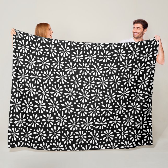 Stylised Plant Pattern 020818 - White on Black Fleece Blanket (In Situ)