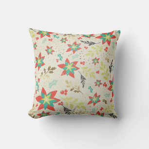 Stylised Poinsettia flowers with Leaves & Berries Cushion