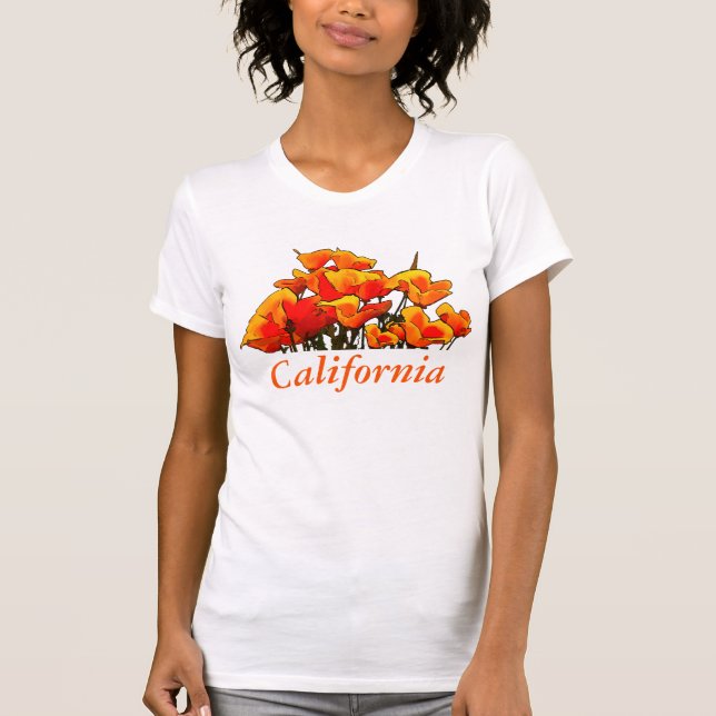 Stylised Poppy Art, "California" text T-Shirt (Front)