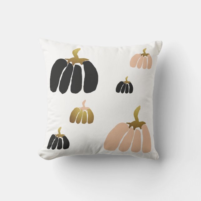 Stylised Pumpkins In Black, Blush, White and Gold Cushion (Front)