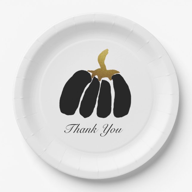Stylised Pumpkins In Black, White and Gold Paper Plate (Front)