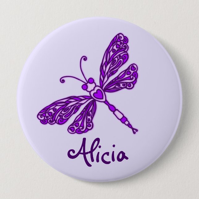 Stylised purple dragonfly art name button (Front)