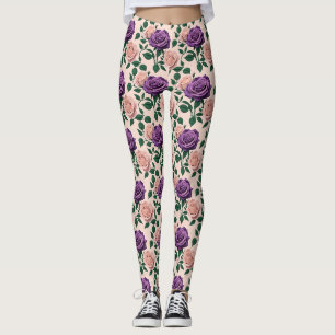 Stylised Purple Roses With Green Accents Leggings