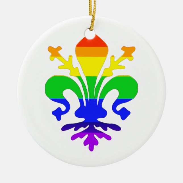 Stylised Rainbow Fleur de Lis Ceramic Ornament (Front)