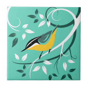 Stylised Red Breasted Nuthatch Ceramic Tile