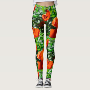 Stylised Red Poppy Flowers Garden Pattern Leggings