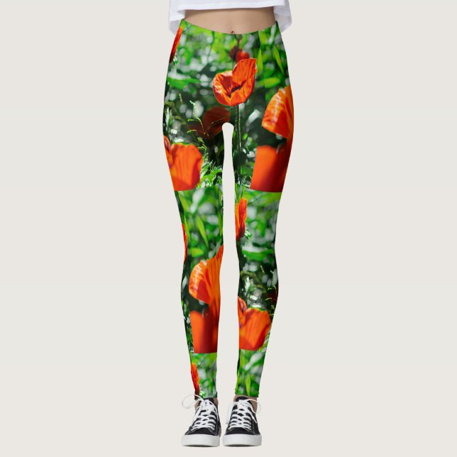 Stylised Red Poppy Flowers Garden Pattern Leggings (Front)