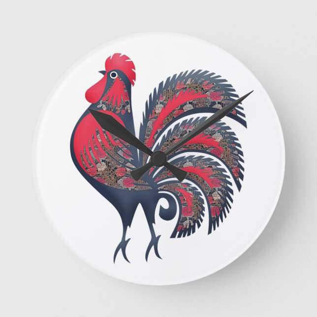Stylised Red Rooster - farm animals.  Wood Wall Ar Round Clock (Front)