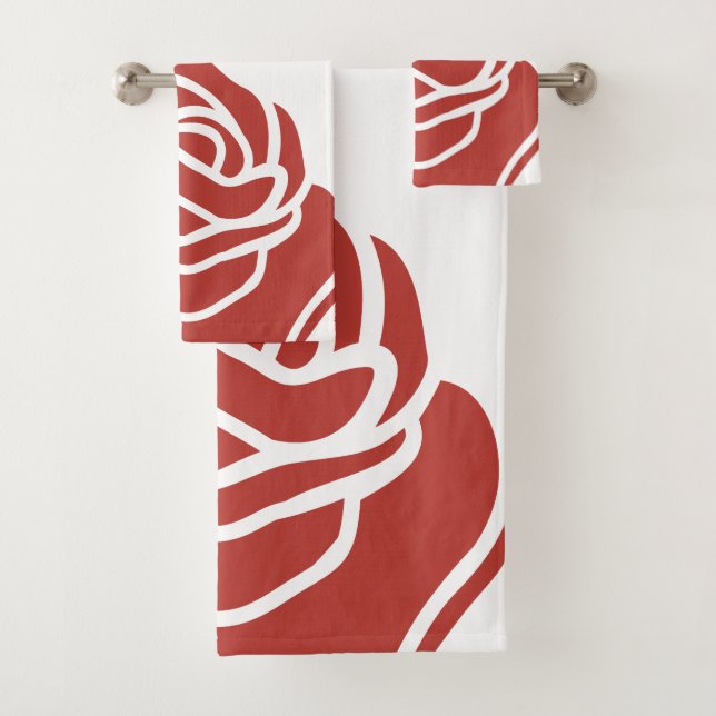 Stylised Red Rose On White Bath Towel Set (Insitu)
