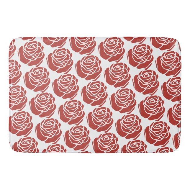 Stylised Red Roses Floral Pattern Bath Mat (Front)
