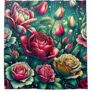 “Stylised Red Roses with Raindrops" Shower Curtain