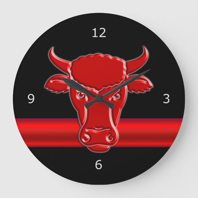 Stylised Red Taurus Head, red metallic-look stripe Large Clock (Front)