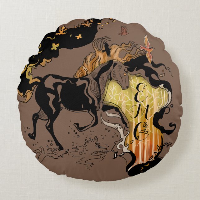 Stylised Silhouette Monogram Horse Round Cushion (Front)