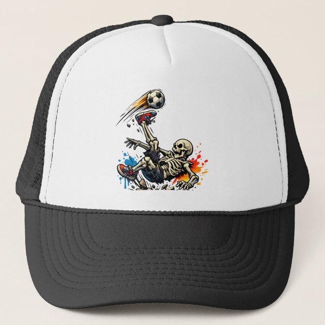 Stylised Skeleton Bicycle Kick Soccer Mug | Funny  Trucker Hat (Front)