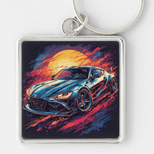 Stylised Sports Car With Dynamic Brushstrokes Key Ring