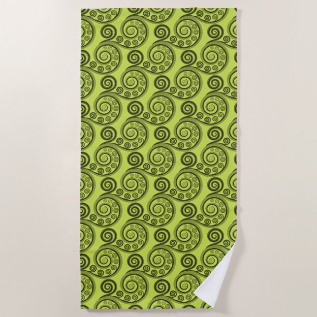 Stylised Spring Lime-Green Botanical Koru Curl Beach Towel (Front)