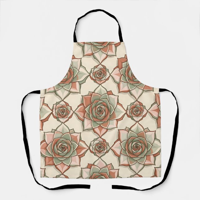 Stylised Succulent Rose Pattern Pink Sage Apron (Front)