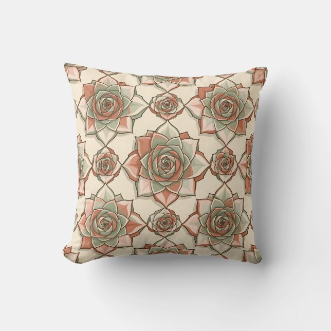 Stylised Succulent Rose Pattern Pink Sage Cushion (Front)
