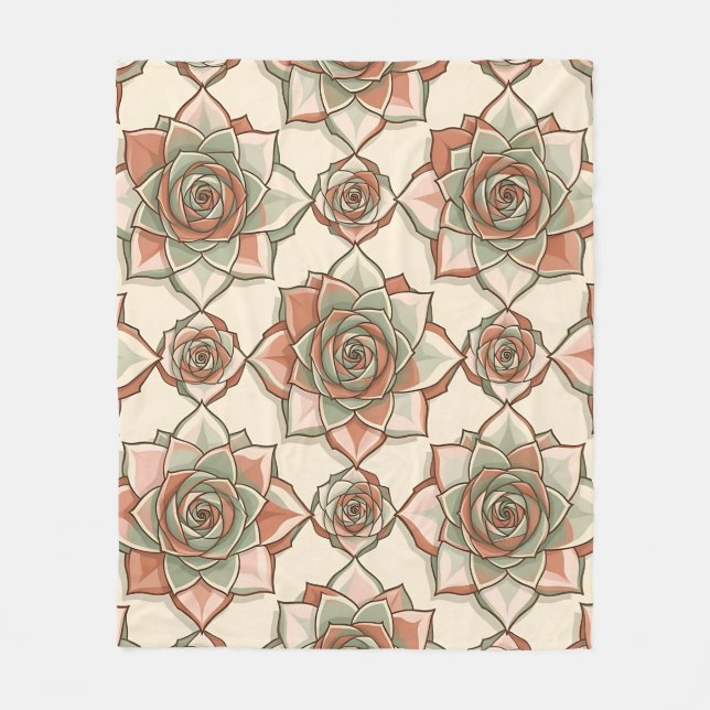 Stylised Succulent Rose Pattern Pink Sage Fleece Blanket (Front)