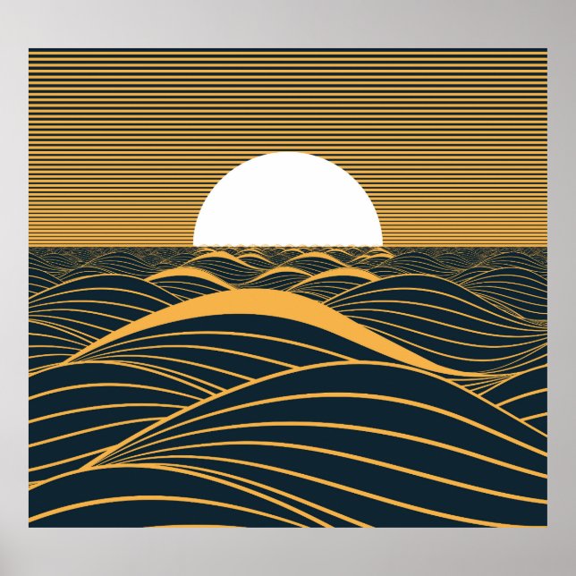 Stylised sun-moon, dark sea illustration. poster (Front)