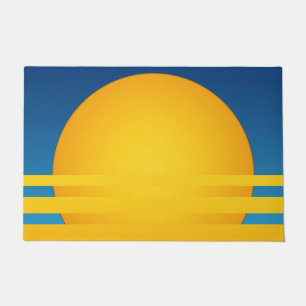 Stylised sunrise, yellow, blue sky, stripes doormat