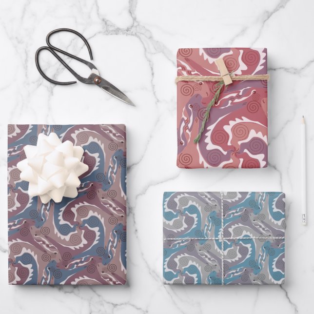 Stylised Swirling Hares Tesselation 3 colours WPS3 Wrapping Paper Sheet (Front)