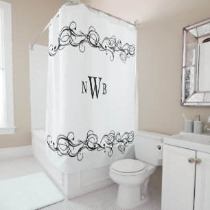 Stylised Swirly Border Monogram Shower Curtain